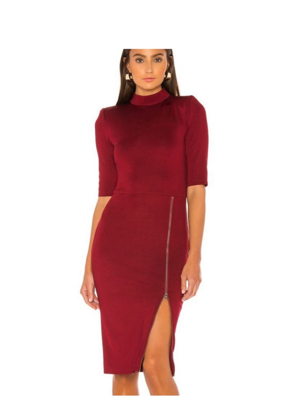 NWT- Alice + Olivia Inka Dress Burgundy Mock Neck Midi Dress with Front Zip Slit